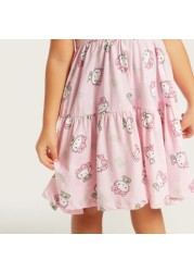 Hello Kitty Print Tiered A-line Dress with Round Neck and Short Sleeves