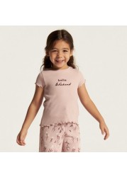 Juniors Embroidered Round Neck T-shirt and Full Length Printed Pyjama Set