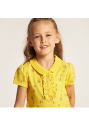 Juniors Giraffe Print Polo T-shirt with Ruffles and Short Sleeves