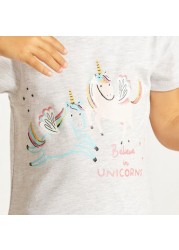 Juniors Unicorn Print Dress with Round Neck and Short Sleeves