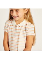 Juniors Striped Polo Dress with Flounce Hem and Short Sleeves