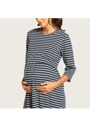 Love Mum Striped Maternity Dress with Round Neck