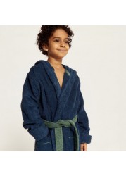 Textured Hooded Bathrobe with Long Sleeves and Tie-Up Belt
