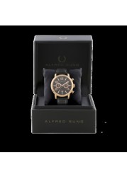 Alfred Sung - Men&#39;s Velox Multi-Function Analog Watch AS1700RL-1A | Black Colour | Black Dial | Genuine Leather | Water Resistant