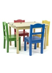 Humble Crew Collection Kids Wood Table &amp; 4 Chair Set, Natural/Primary