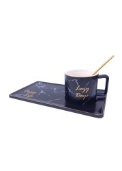 Lazy Days Marble Design Ceramic Coffee Mug Saucer Set with Gold Spoon (Black)