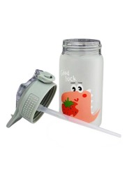 Dinasaur Water Glass Bottle with Straw Grey 350ml