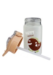 Dinasaur Water Glass Bottle with Straw Beige 350ml