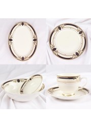 XIANGYU Dinner Set Porcelain Gold, 32pcs tea set; (12)pcs tea cup/saucer, (6) 10&#39;5 flat plate, (6) 7&#39;5 flat plate, (6) 6&#39; salad bowl, (1) 6&#39; salad bowl, (1) 14&#39; oval plate. New Ceramic Bone China, The