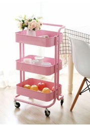 3-Tier Rolling Shelves Metal Cart Organizer Pink 85x45x35centimeter