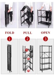 Jj Multi-Shelf Foldable Storage Shelves For Garage Kitchen Home Closet, Metal Wire, Collapsible Organizer Rack On 4&#39;&#39; Wheel Casters, Metal Organizer Wire Rack, Black/White (3-Shelf(Black))