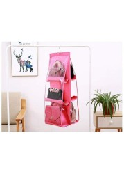 Skeido 6 Pockets Handbag Hanging Purse Storage Anti-Dust Cover Large Clear Bag Holder Organizer Closet Rack Hangers Save Space (Pink)