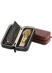 Luxury Leather Portable Watch Travel Case Black Zipper Book 2 Slots Box