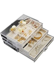 Xykily jewellery Box For Women With 3 Drawers, Velvet Jewellery Organiser For Earring Bangle Bracelet Necklace And Rings (24X13X10Cm, Cream Color)