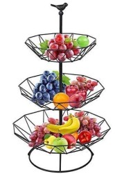 NuSense 3 Tier Metal Basket Decorative Modern Fruit Rack with Large Capacity for Fruit Vegetables Bread and Snacks (Black)