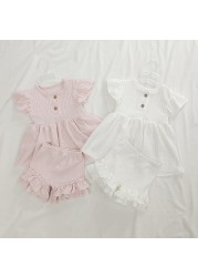 Fashion Baby Dress Clothes Set Newborn Cotton Waffle Princess Girls Top Flying Sleeves Buttons Ruffles A-Line Dress Shorts Set