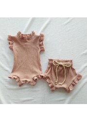 2pcs Infant Baby Girl Clothes Set Waffle Cotton Ruffle Newborn Sweater Romper Top Bloomer Pants Suit Outfits Summer Baby Clothes