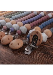 Safety Wooden Teether Baby Infant Baby Doll Pacifier Silicone Soother Nipple Clip Chain Strap Baby Holder Chew Toy Teether