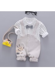 Baby check one-piece clothing children's clothing casual wear out boy baby autumn and winter cartoon clothing set