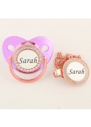 Luxury Rose Gold Personalized Logo Pacifier with Rhinestone Clips Orthodontic Soother Infant BPA Free Silicone Nipples