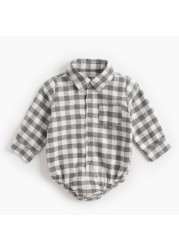 2022 Newborn Plaid Long Sleeve Baby Shirt Spring Autumn Turn-down Collar Front Pocket Shirt Baby Bodysuit Shirt