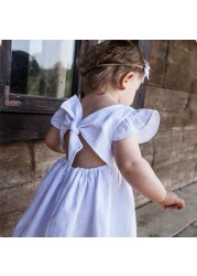 New Baby Girls Dress Bow Cotton Fly Sleeve Ruffles Lace Summer Pure Color Children Princess Skirt Kids Clothes