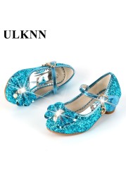 ULKNN-Girls Princess Leather Shoes Casual Floral Sequin High Heel Butterfly Bowknot Shoes Blue Pink Silver