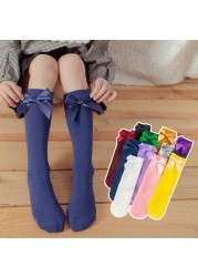 2021 New Girls Knee High Socks with Bows Candy Color Cotton Breathable Stockings Princess Socks School Navy Blue Socks