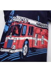 27 Kids Summer Boys Short Sleeve T-shirt Tops Clothes Fire Truck Pattern Children's Clothing Toddler Cotton Outfit 2-8Years