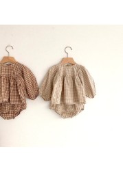 Baby girls clothes set summer spring plaid infant girls clothes set puff sleeve blouse and bloomer 2pcs baby girls suit