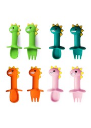 Baby Learn Spoon Fork Set Short Handle Easy Spoon Soft Silicone Utensil Toy Teether Feeding Tableware Dinosaur Spoon Tableware