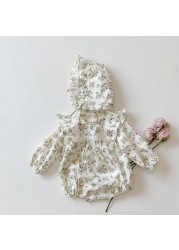 2pcs korean lace ruffle cute baby romper with hat set infant vintage floral long sleeve jumpsuit baby boy girl sweet clothes