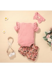 summer newborn baby girl clothes set solid color short sleeve ruffle romper tops flower short pants headband 3pcs infant outfits