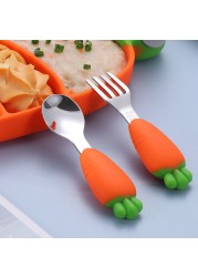 Baby Stainless Steel Silicone Cutlery Feeding Set Children Straw Cutlery Carrot Set Split Training Plate Spoon Fork Dinner Plate