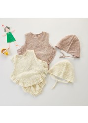 MILANCEL 2022 summer baby clothes set embroidery girls tops and blommer cute hats 3pcs baby suits