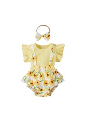 Newborn Baby Girls Clothes Sets Toddler Girls Outfits Ruffle Sleeve T-shirt Suspenders Pants Headband 3pcs Outfit Set Toddler 0-18M