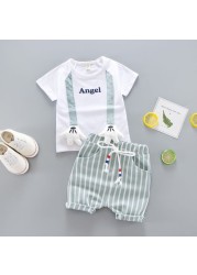 Baby clothes set summer cute cartoon bear printing cotton T-shirt + stripe lace elastic waist shorts boys girls casual 2 piece suit