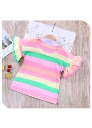 Girls Striped T-Shirt 2021 New Korean Baby Fashion Rainbow Shirts With Ruffle Sleeves Children All-match Tees 12M-8T JYF