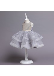 New Summer Baby Girls Pearl Sequins Party Dress Princess Dress Layered Tulle Polka Dots Print Kids Clothes 7 8 10 Years