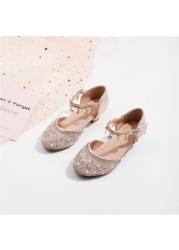 Girls-up sandal height students rhinestone princess shoes pink new shoes children's hollow glass slippers shiny girl dress