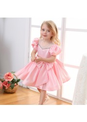 Pink Puff Sleeve Baby Girl Dress Bowknot White Party Dresses for Girls Wedding Birthday Festive Kids Things Children 1-12Y