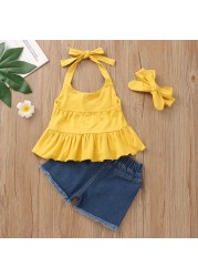 Baby Girl Fashion Clothes Set Rainbow Print Sleeveless Ruffle Blouse Jeans Hole Shorts With Headband Set JYF