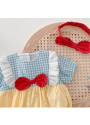 New arrival summer baby girl bodysuit cotton plaid patchwork bow newborn rompers princess birthday infant cloth with headband