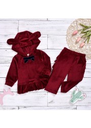 Cartoon Velvet Tracksuit Eear Ruffle Kids Children Clothing Set Autumn Winter Girls Baby Costume 2pcs Suit