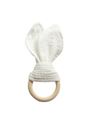 Baby Wooden Hand Grasp Soft Toy Cotton Cute Rabbit Ears Teether Bracelet Rattle