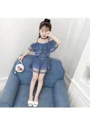 2022 Girls Clothes Summer New Sleeveless Suit + Polka Dot Cake Culotte Two Pieces Outfits Fashion Girls Clothes 4 -12 Air