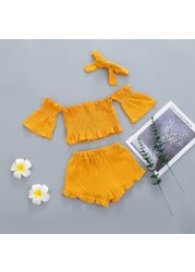 Infant Girls Clothes Baby Girl Toddler Off Shoulder Short Sleeve Tops Belt Pants Headband Outfit Sunsuit Kids Clothes Set 1-5y