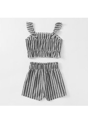 Baby Girl Clothes Set Summer Baby Cotton Striped Print Short Sleeve Suspenders T-shirt + Ruffle Short Pants 2pcs Kids Outfit