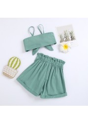 1-6y Infant Kids Baby Girls 2pcs Fashion Summer Clothes Set Bowknot Solid Crop Tops Vest Shorts Pants Outfits