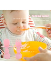 Food Grade Infant Small Silicone Cutlery Set Baby Soft Kitchen Joining Fork Spoon Kids Portable Soild Color Small Spoon